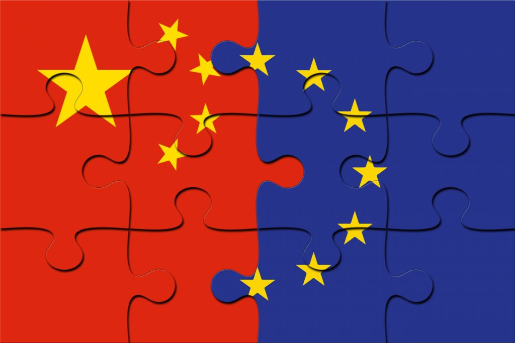 Puzzles with national flags of European union and China. Partnership Concept
